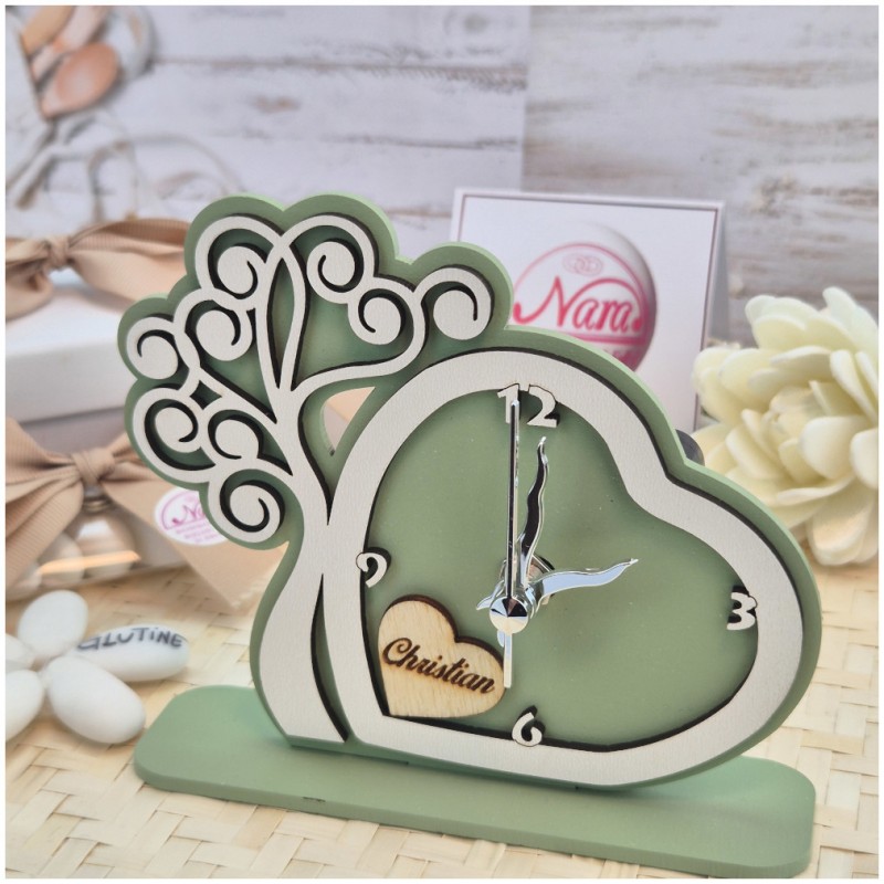 Bomboniera Solidale Cuorematto Orologio Tempo d'Amore - Albero della Vita Verde in Legno con Nome Personalizzato