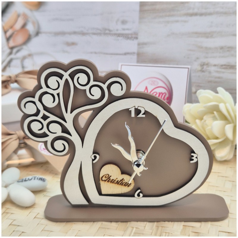 Bomboniera Solidale Cuorematto Orologio Tempo d'Amore - Albero della Vita Tortora in Legno con Nome Personalizzato