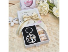 Albero della Vita Bomboniera portachiavi con Cuori Oro e Scatola Felicità