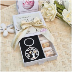 Albero della Vita Bomboniera portachiavi con Cuori Oro e Scatola Felicità