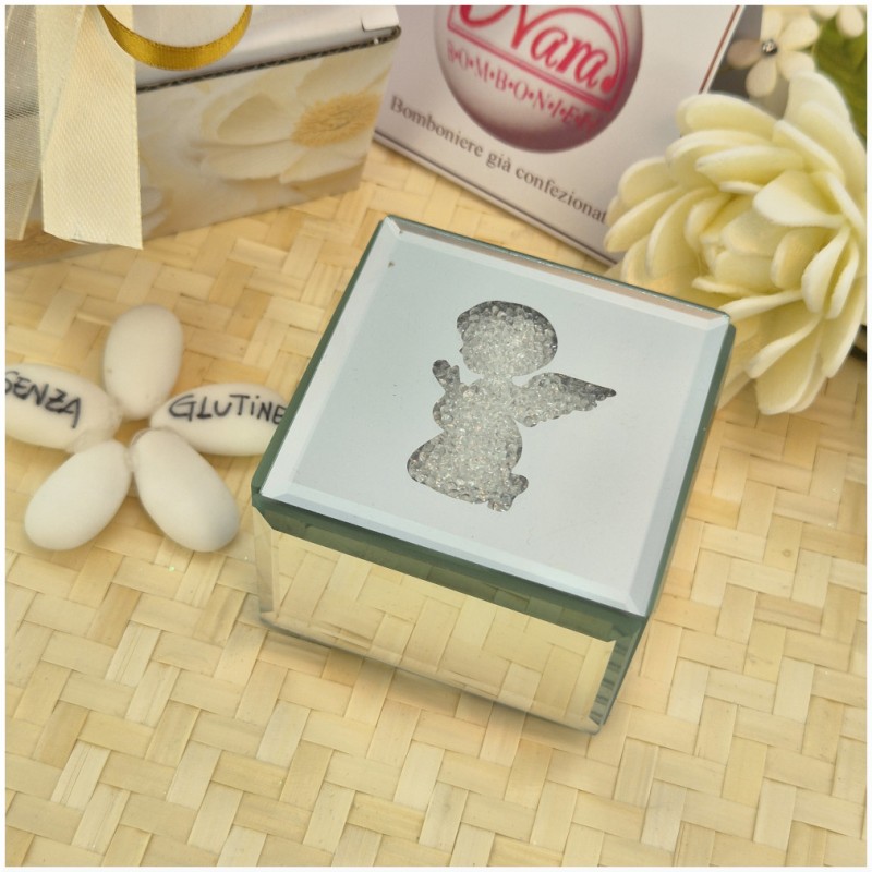 Bomboniera Hervit Scatola Porta Gioie in Vetro Specchiato Angioletto  e Cristalli