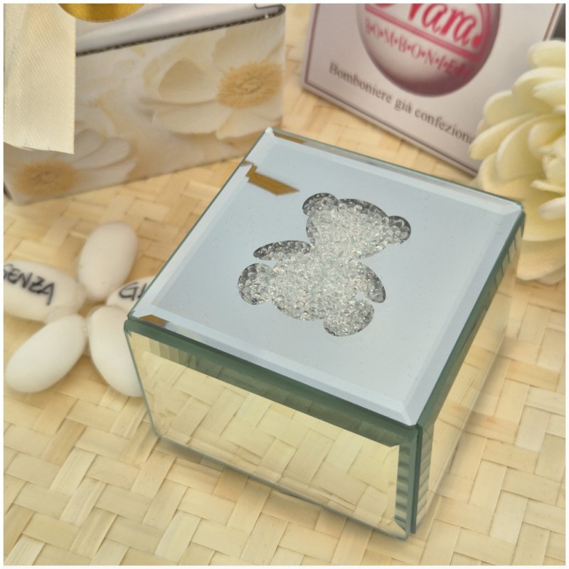 Bomboniera Hervit Scatola Porta Gioie in Vetro Specchiato Orsetto e Cristalli