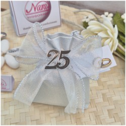 Bomboniera 25° Anniversario Nozze d'Argento Sacchetto Silver Light con Numero 25 Specchiato