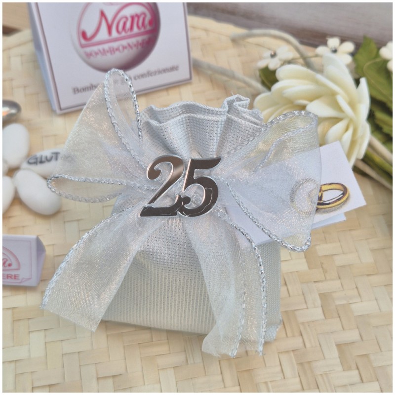 Bomboniera 25° Anniversario Nozze d'Argento Sacchetto Silver Light con Numero 25 Specchiato
