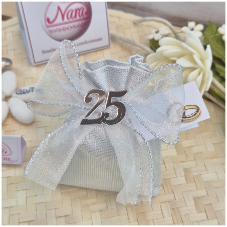 Bomboniera 25° Anniversario Nozze d'Argento Sacchetto "Silver Light" con Numero 25 Specchiato