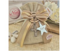 Bomboniera Comunione e Cresima Luce di Fede - Sacchetto Natural con Portachiavi Croce Strass e Stella Personalizzata