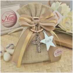 Bomboniera Comunione e Cresima Luce di Fede - Sacchetto Natural con Portachiavi Croce Strass e Stella Personalizzata