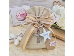 Bomboniera Comunione e Cresima Luce di Fede - Sacchetto Natural con Portachiavi Croce Strass e Stella Personalizzata
