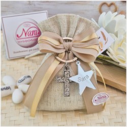 Bomboniera Comunione e Cresima Luce di Fede - Sacchetto Natural con Portachiavi Croce Strass e Stella Personalizzata