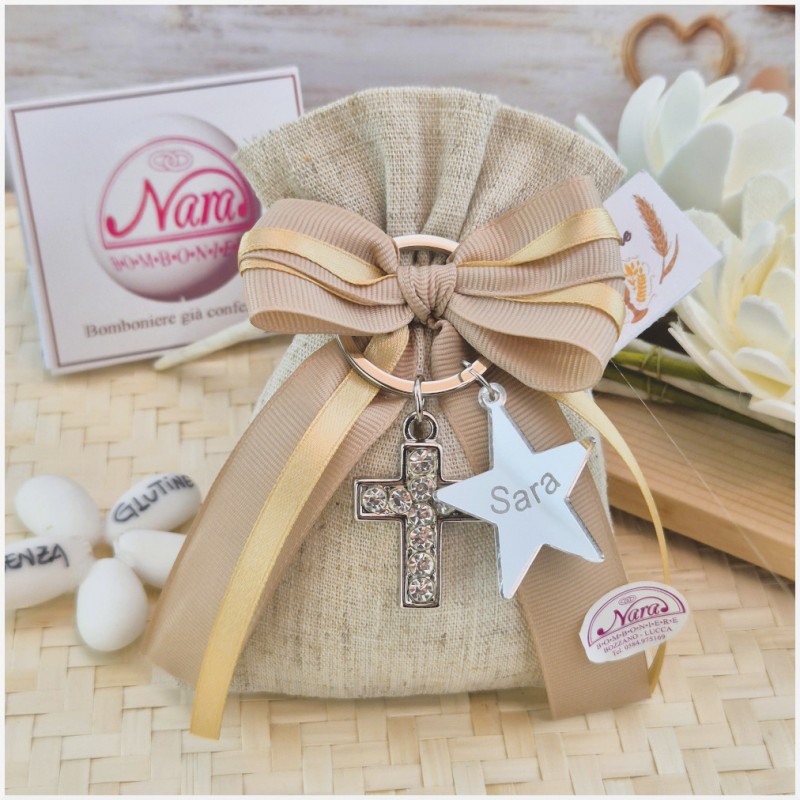Bomboniera Comunione e Cresima Luce di Fede - Sacchetto Natural con Portachiavi Croce Strass e Stella Personalizzata
