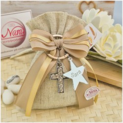 Bomboniera Comunione e Cresima Luce di Fede - Sacchetto Natural con Portachiavi Croce Strass e Stella Personalizzata