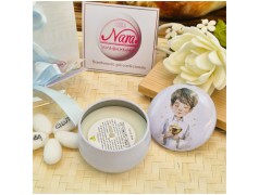 Bomboniera Solidale Cuorematto Candela in Latta La Mia Prima Comunione - Illustrazione Bimbo con Calice