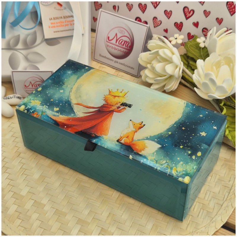 Bomboniera Solidale Cuorematto Scatola Rettangolare in Vetro Il Piccolo Principe - Cofanetto Blu Notte con Interno in Velluto