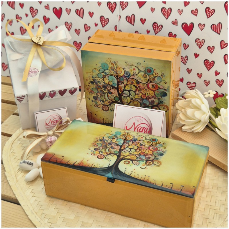 Bomboniera Solidale Cuorematto Scatola rettangolare in Vetro "Albero della Vita" - Cofanetto con Interno in Velluto