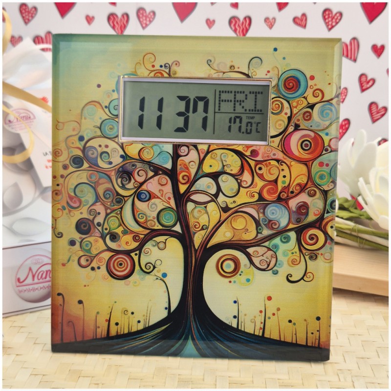 Bomboniera Solidale Cuorematto Orologio Digitale in Vetro con Temperatura - Collezione "Tempo di Emozioni" Albero della vita