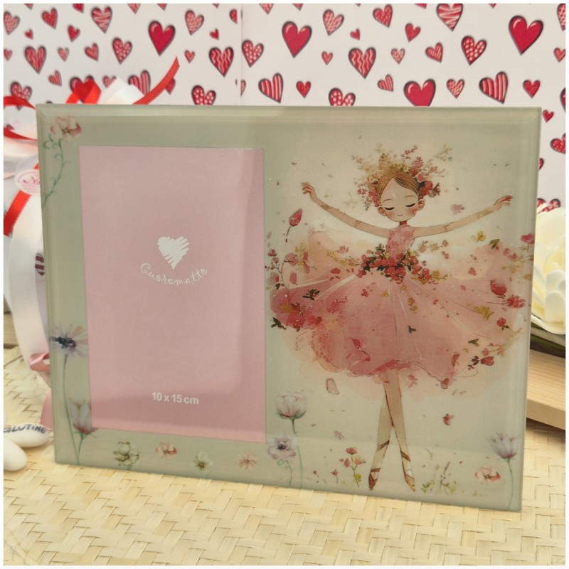 Bomboniera Solidale Cuorematto Portafoto in Vetro Artistico Con ballerina