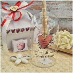 Bomboniera Matrimonio Profumatore Essenza d'Amore - Design Doppio Vetro con Frase e Scatola Cuori