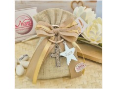 Bomboniera Comunione e Cresima Luce di Fede - Sacchetto Natural con Portachiavi Croce Strass e Stella Personalizzata
