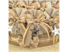 Bomboniera Comunione e Cresima Torta di Sacchetti Natural con Portachiavi Croce Strass e Stella Personalizzata