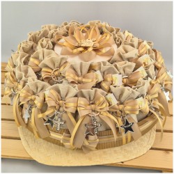 Bomboniera Comunione e Cresima Torta di Sacchetti Natural con Portachiavi Croce Strass e Stella Personalizzata