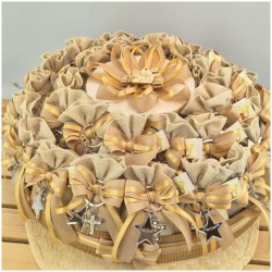Bomboniera Comunione e Cresima Torta di Sacchetti Natural con Portachiavi Croce Strass e Stella Personalizzata