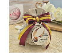 Bomboniera Comunione Tema Magia Portachiavi "Boccino d'Oro" su Sacchetto Lino e Nastri Grifondoro