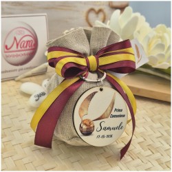 Bomboniera Comunione Tema Magia Portachiavi "Boccino d'Oro" su Sacchetto Lino e Nastri Grifondoro