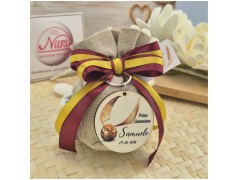 Bomboniera Comunione Tema Magia Portachiavi "Boccino d'Oro" su Sacchetto Lino e Nastri Grifondoro