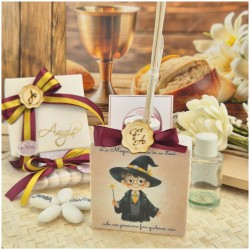 Bomboniera Comunione e Cresima Profumatore Quadrato Piccolo Mago con Frase e Scatola Nome Oro