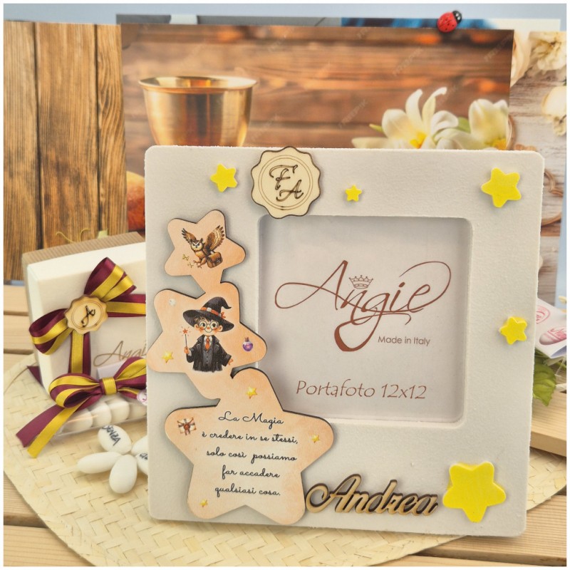 Bomboniera Comunione e Cresima Cornice Portafoto Maxi 11x11 Piccolo Mago per Padrini
