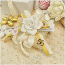 Bomboniera Nozze d'Oro Cuscino Profumato con Rosa Bianca e Numero 50