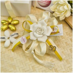 Bomboniera Nozze d'Oro Cuscino Profumato con Rosa Bianca e Numero 50