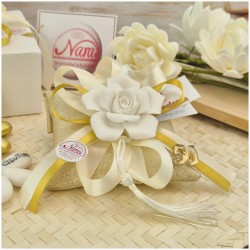 Bomboniera Nozze d'Oro Cuscino Profumato con Rosa Bianca e Numero 50