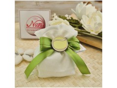 Bomboniera Comunione Tema Tennis Sacchetto Bianco con Pallina in Legno e Nastro Verde