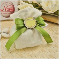 Bomboniera Comunione Tema Tennis Sacchetto Bianco con Pallina in Legno e Nastro Verde