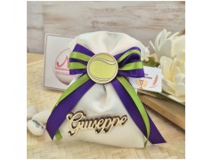 Bomboniera Comunione Sacchetto Tema Tennis con Pallina, Nome in Legno e Nastri Viola Verde