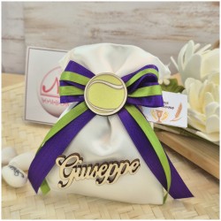 Bomboniera Comunione Sacchetto Tema Tennis con Pallina, Nome in Legno e Nastri Viola Verde