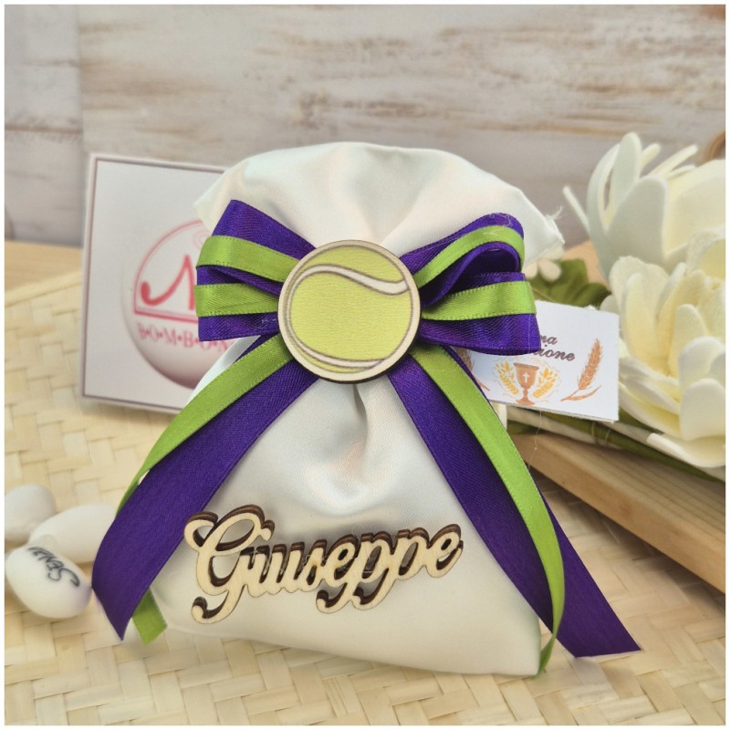 Bomboniera Comunione Sacchetto Tema Tennis con Pallina, Nome in Legno e Nastri Viola Verde