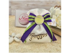 Bomboniera Comunione Sacchetto Tema Tennis con Pallina, Nome in Legno e Nastri Viola Verde