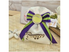 Bomboniera Comunione Sacchetto Tema Tennis con Pallina, Nome in Legno e Nastri Viola Verde