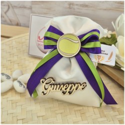 Bomboniera Comunione Sacchetto Tema Tennis con Pallina, Nome in Legno e Nastri Viola Verde