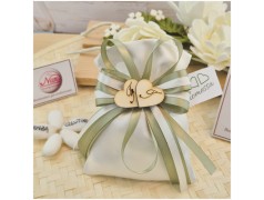 Bomboniera Promessa di Matrimonio Sacchetto Raso con Nastro Bicolore VerdeBianco e Cuori