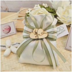 Bomboniera Promessa di Matrimonio Sacchetto Raso con Nastro Bicolore VerdeBianco e Cuori