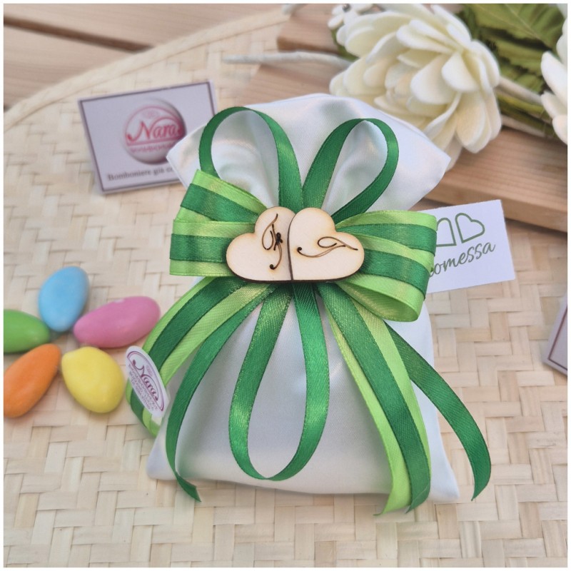 Bomboniera Promessa di Matrimonio Sacchetto Raso Double Green Smeraldo e Lime con Iniziali