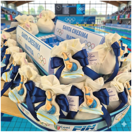 Torta Bomboniera Cresima e Comunione "Passione Nuoto" con Nuotatore e Piscina Centrale