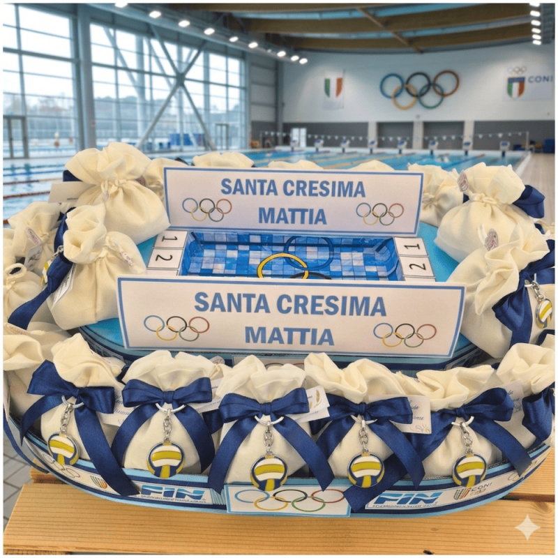 Torta Bomboniera Cresima e Comunione Pallanuoto con Portachiavi Pallone e Piscina Centrale