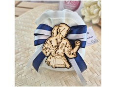 Bomboniera Cresima e Comunione Judo & Karate Girl Sacchetto con Atleta in Legno e Nastri Olimpici