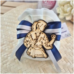 Bomboniera Cresima e Comunione Judo & Karate Girl Sacchetto con Atleta in Legno e Nastri Olimpici