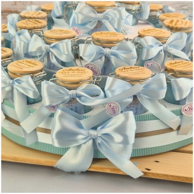 Torta Bomboniera Battesimo Bimbo "Eco-Chic" Barattoli Vetro Ermetici con Tappo Legno Personalizzato-Nara Bomboniere