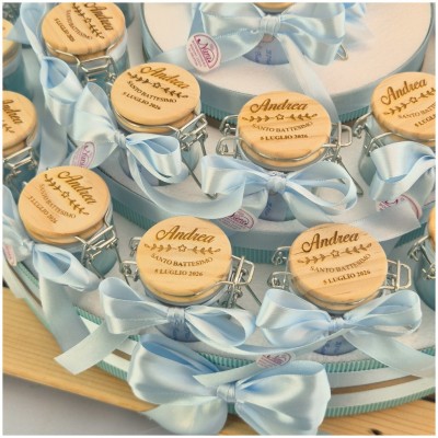 Torta Bomboniera Battesimo Bimbo "Eco-Chic" Barattoli Vetro Ermetici con Tappo Legno Personalizzato-Nara Bomboniere